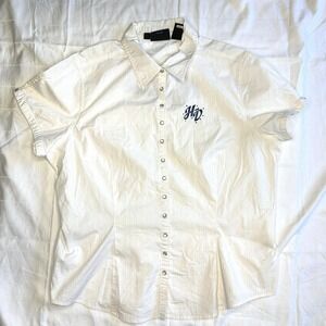 Women's L HARLEY DAVIDSON White Short Sleeve Shirt Snap Buttons Rhinestones EUC